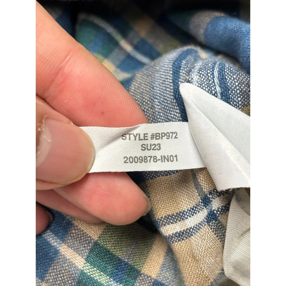 J. Crew Slim Fit Linen Cotton Plaid Short Sleeve Shirt Blue Green BP972 Mens M